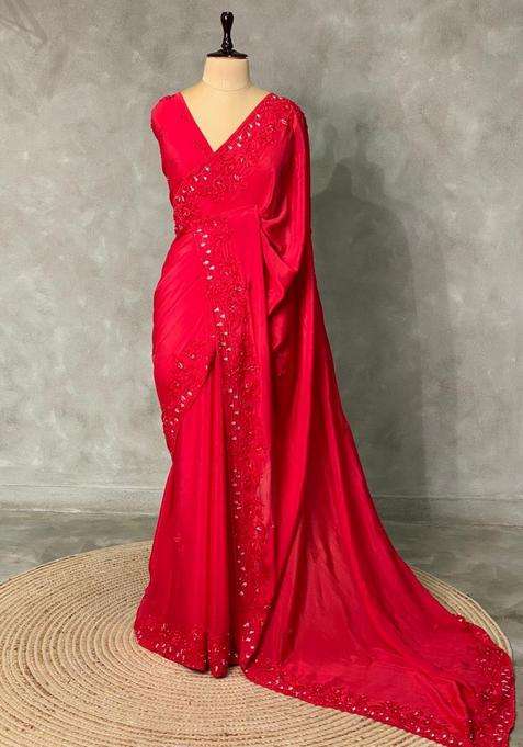 Red Pure Chiffon Designer Saree With Traditional Woven Design For Women