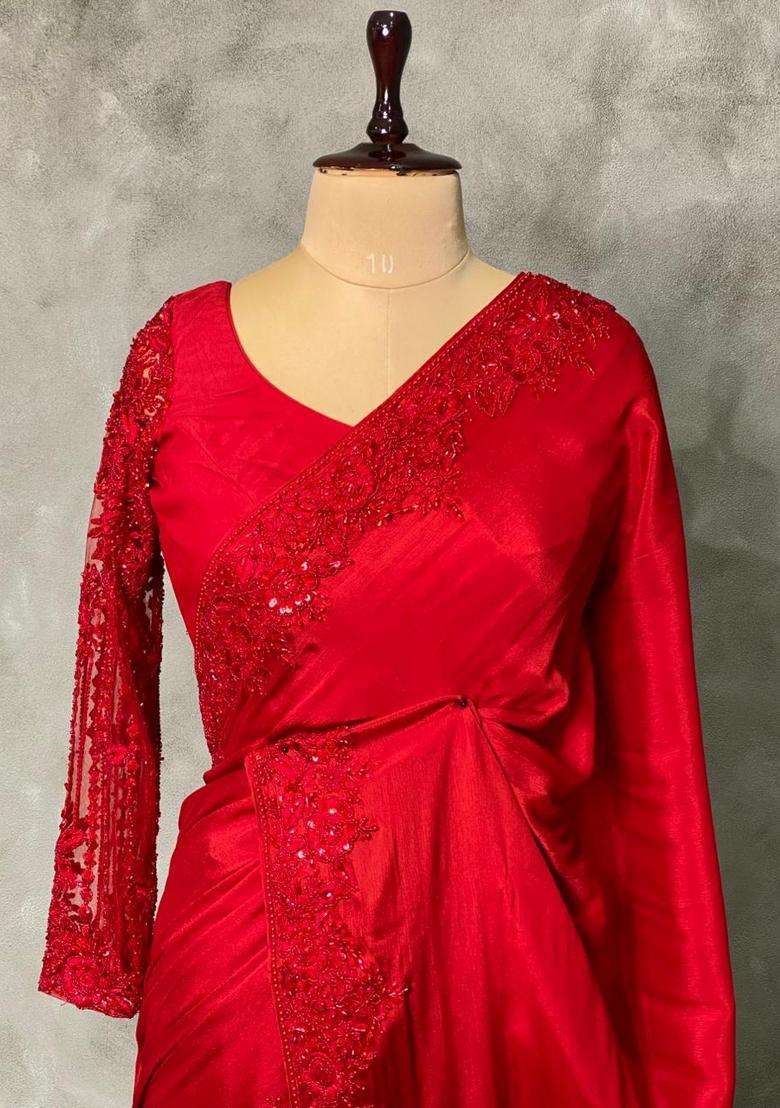 Red Pure Chiffon Designer Saree With Traditional Woven Design For Women - Indya
