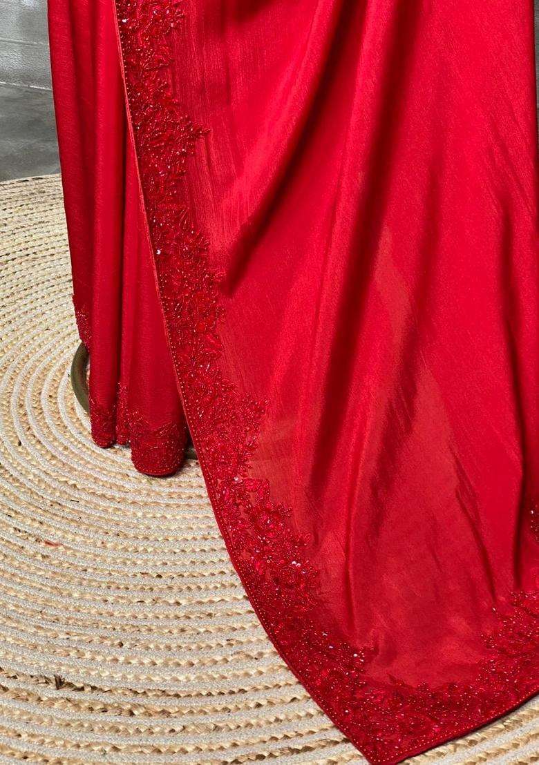 Red Pure Chiffon Designer Saree With Traditional Woven Design For Women - Indya