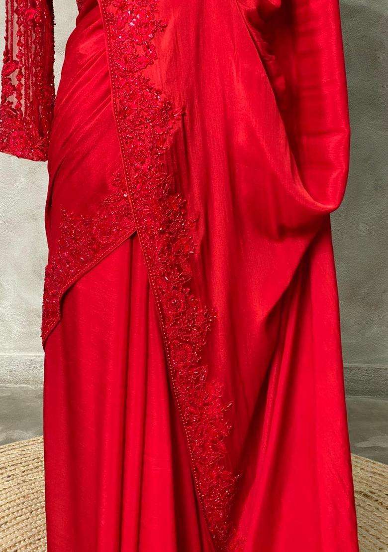Red Pure Chiffon Designer Saree With Traditional Woven Design For Women - Indya