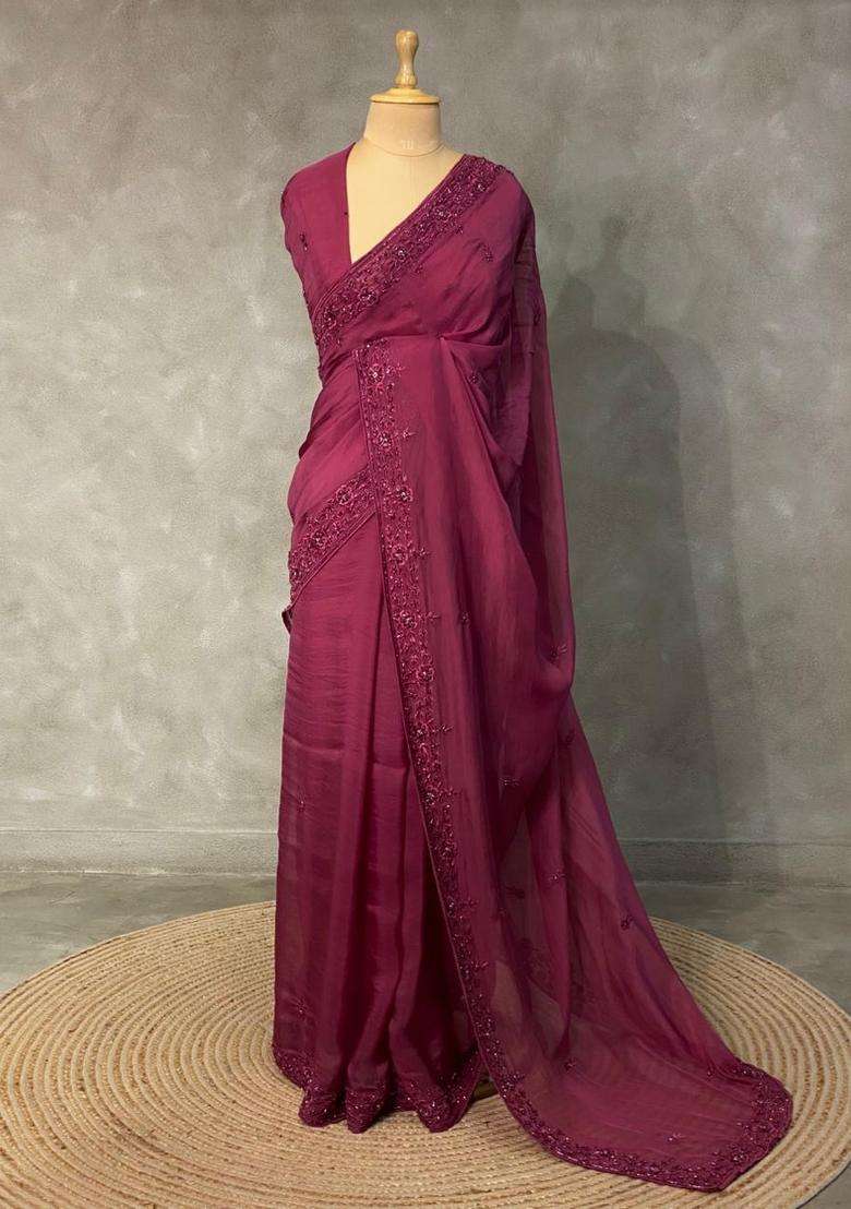 Wine Pure Organza Designer Saree With Traditional Woven Design For Women - Indya