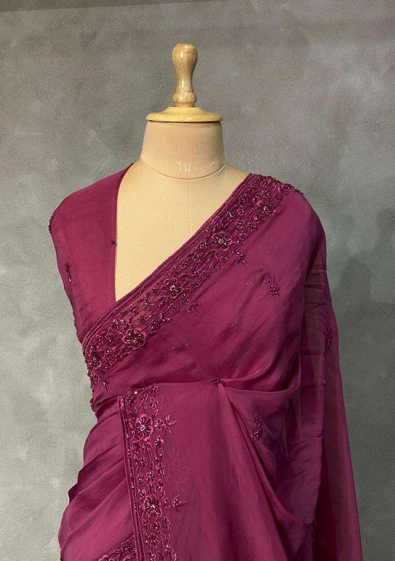 Wine Pure Organza Designer Saree With Traditional Woven Design For Women - Indya