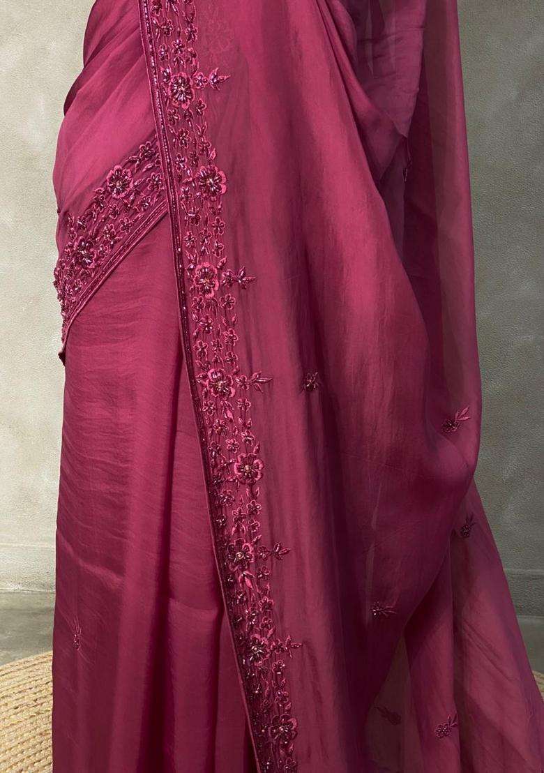 Wine Pure Organza Designer Saree With Traditional Woven Design For Women - Indya