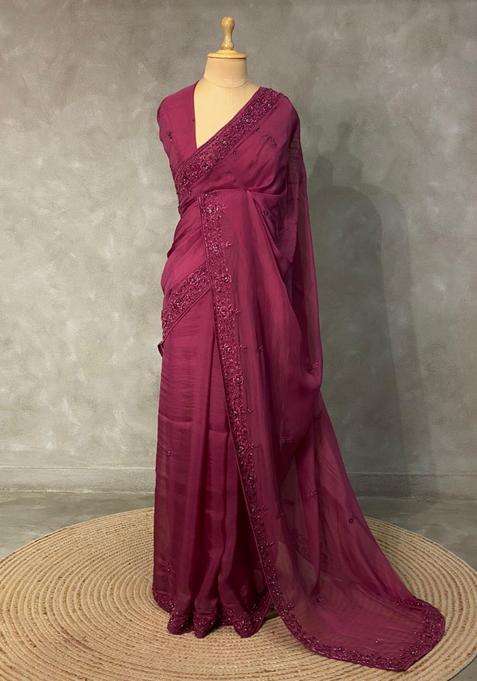 Wine Pure Organza Designer Saree With Traditional Woven Design For Women