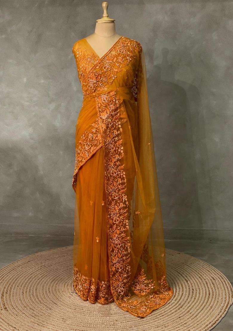 Mustard Yellow Net Designer Saree With Traditional Woven Design For Women - Indya