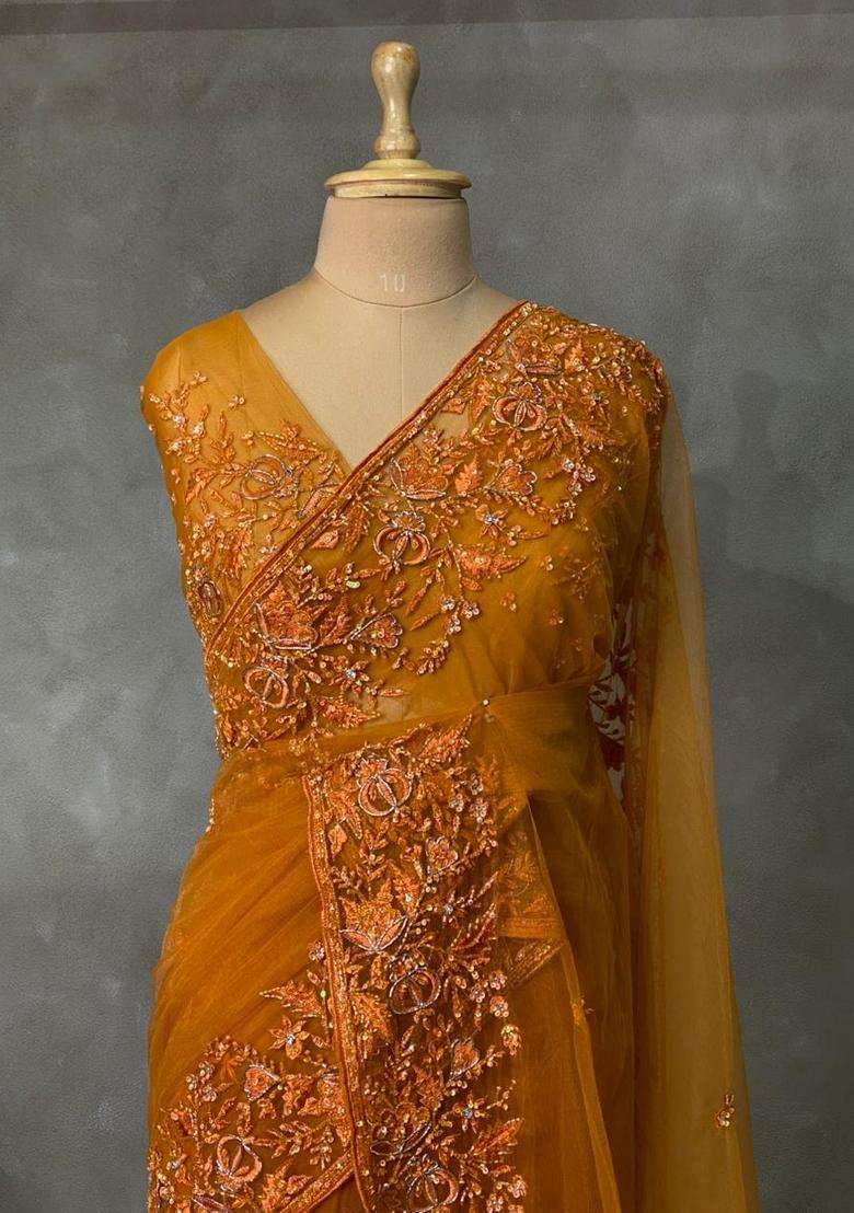 Mustard Yellow Net Designer Saree With Traditional Woven Design For Women - Indya