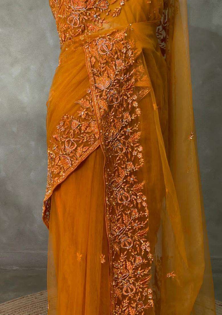 Mustard Yellow Net Designer Saree With Traditional Woven Design For Women - Indya