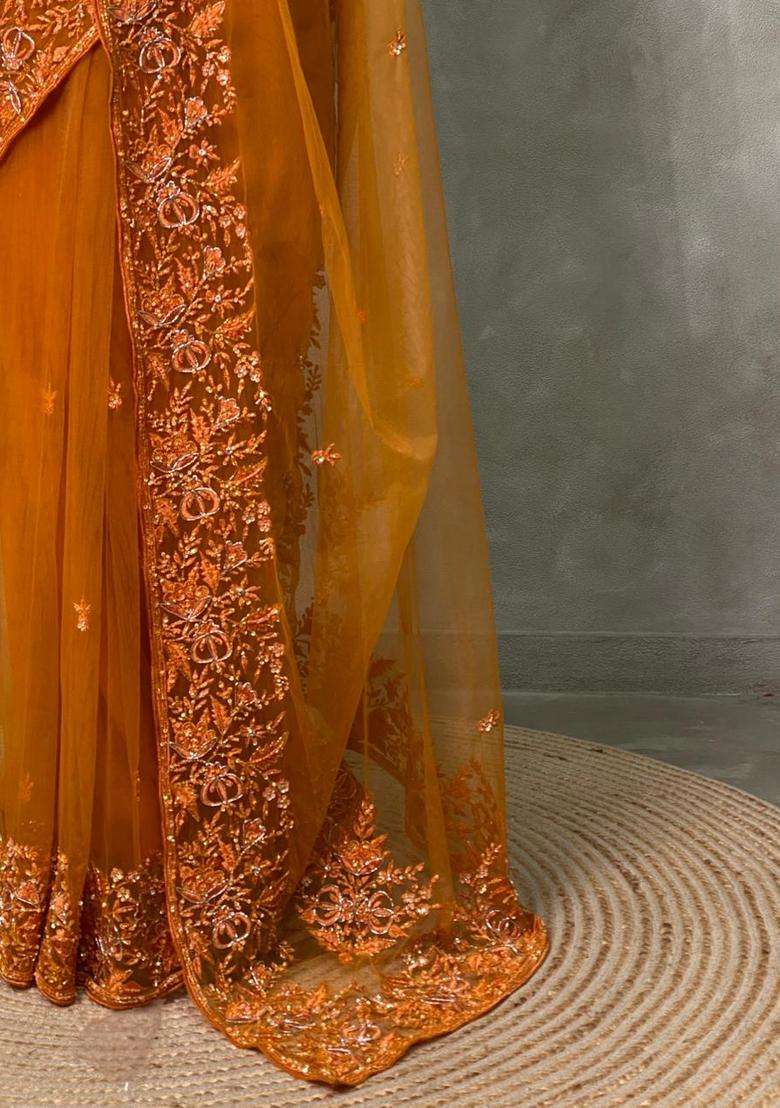 Mustard Yellow Net Designer Saree With Traditional Woven Design For Women - Indya