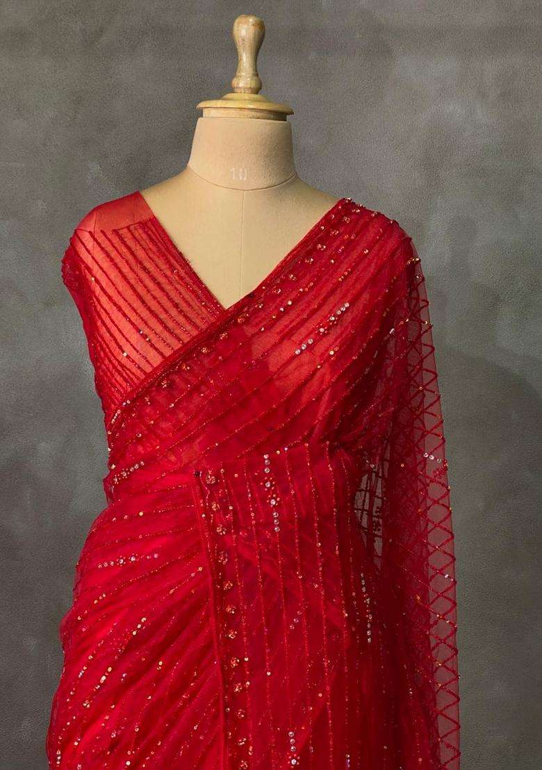 Red Net Designer Saree With Traditional Woven Design For Women - Indya