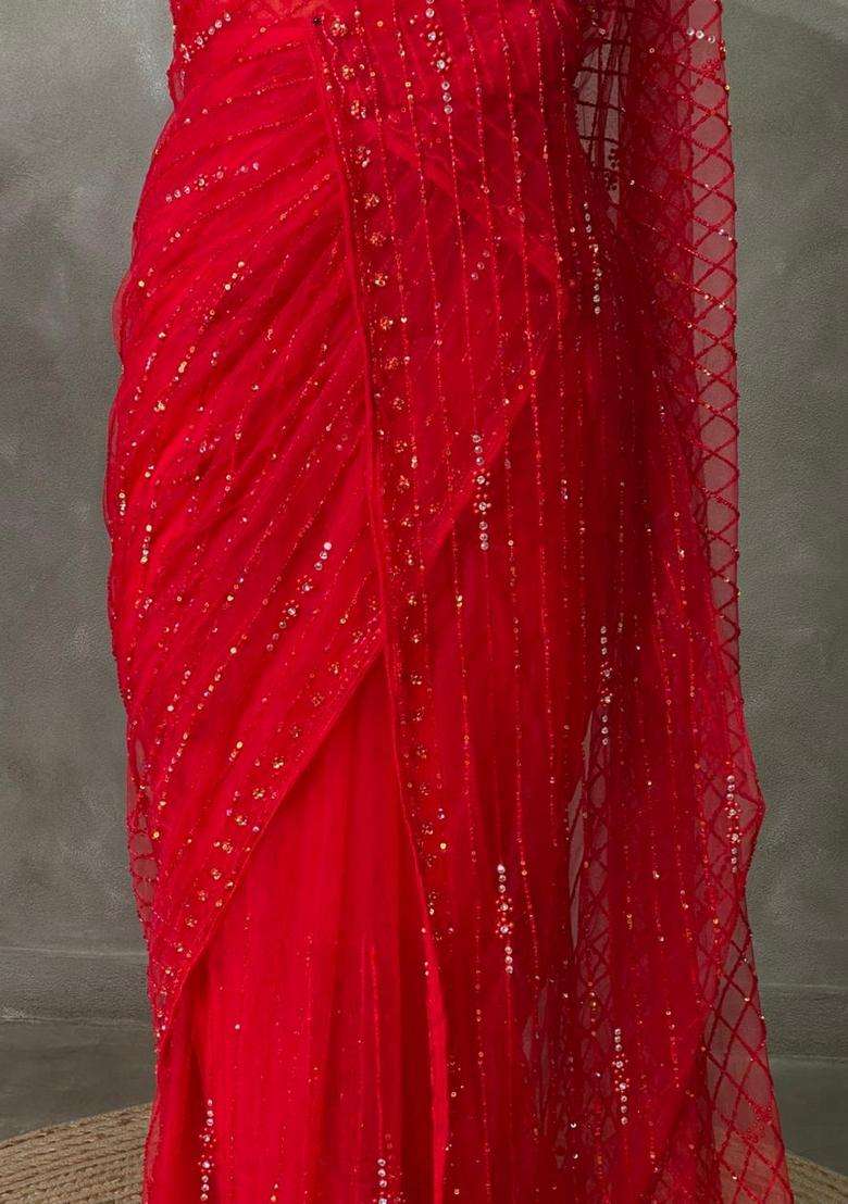 Red Net Designer Saree With Traditional Woven Design For Women - Indya