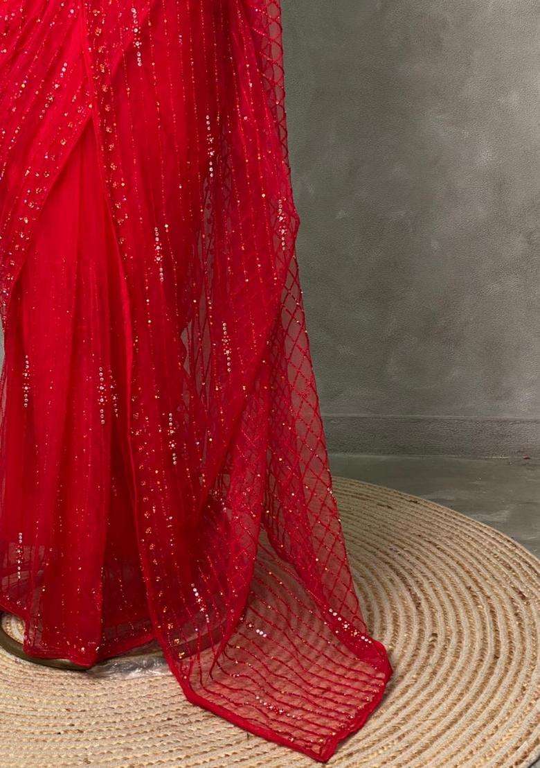 Red Net Designer Saree With Traditional Woven Design For Women - Indya