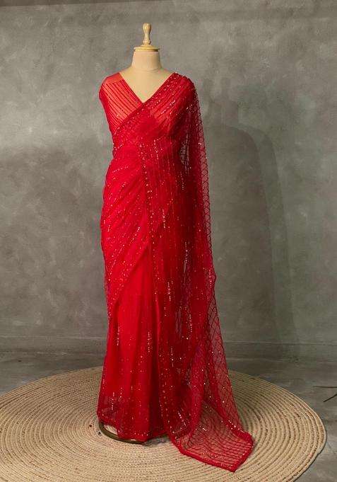 Red Net Designer Saree With Traditional Woven Design For Women