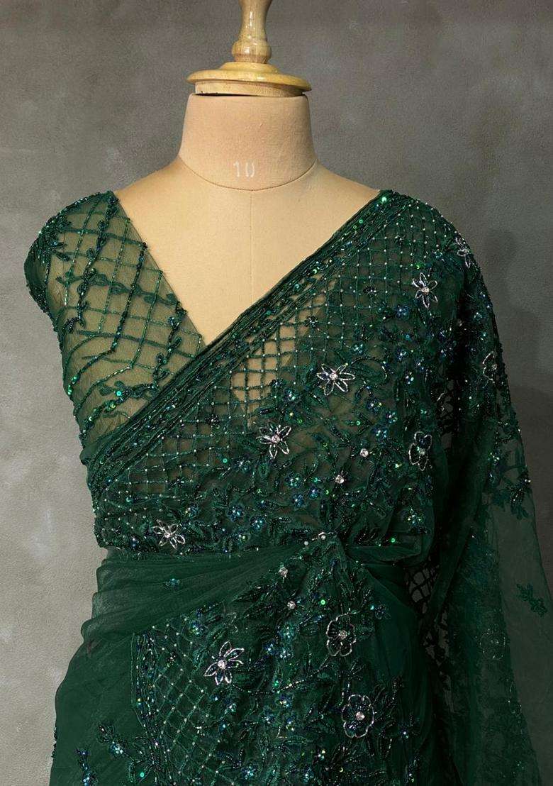 Bottle Green Net Designer Saree With Traditional Woven Design For Women - Indya