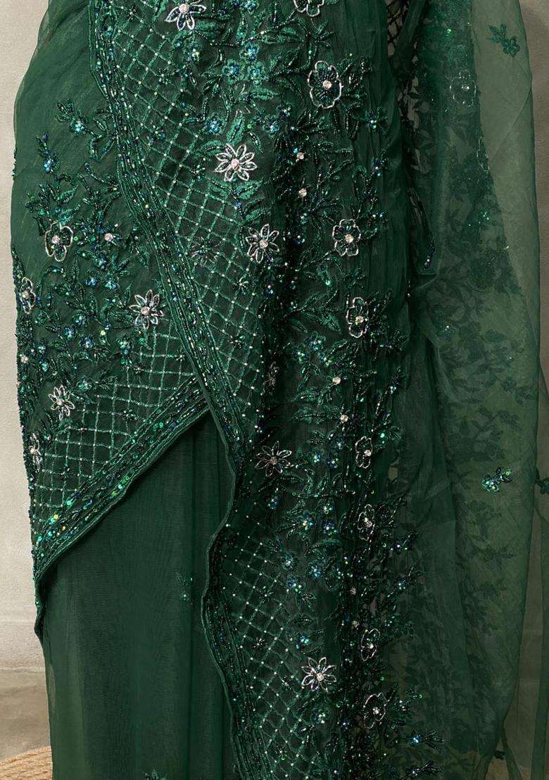 Bottle Green Net Designer Saree With Traditional Woven Design For Women - Indya