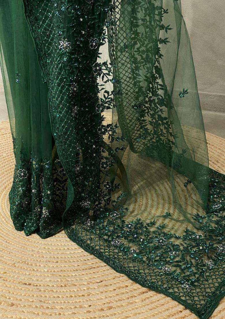 Bottle Green Net Designer Saree With Traditional Woven Design For Women - Indya