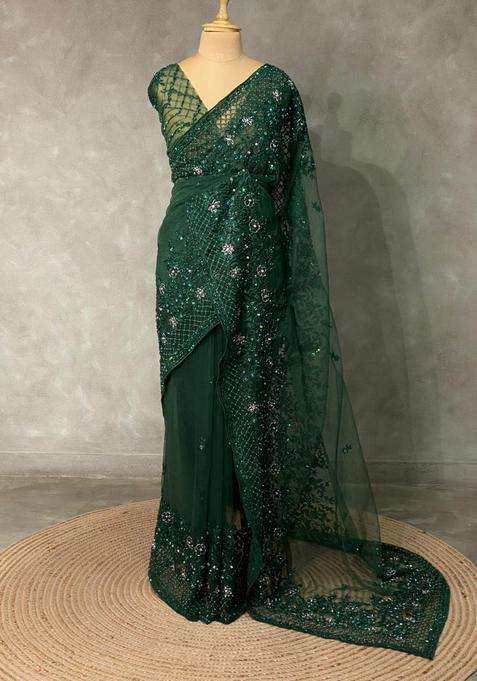 Bottle Green Net Designer Saree With Traditional Woven Design For Women