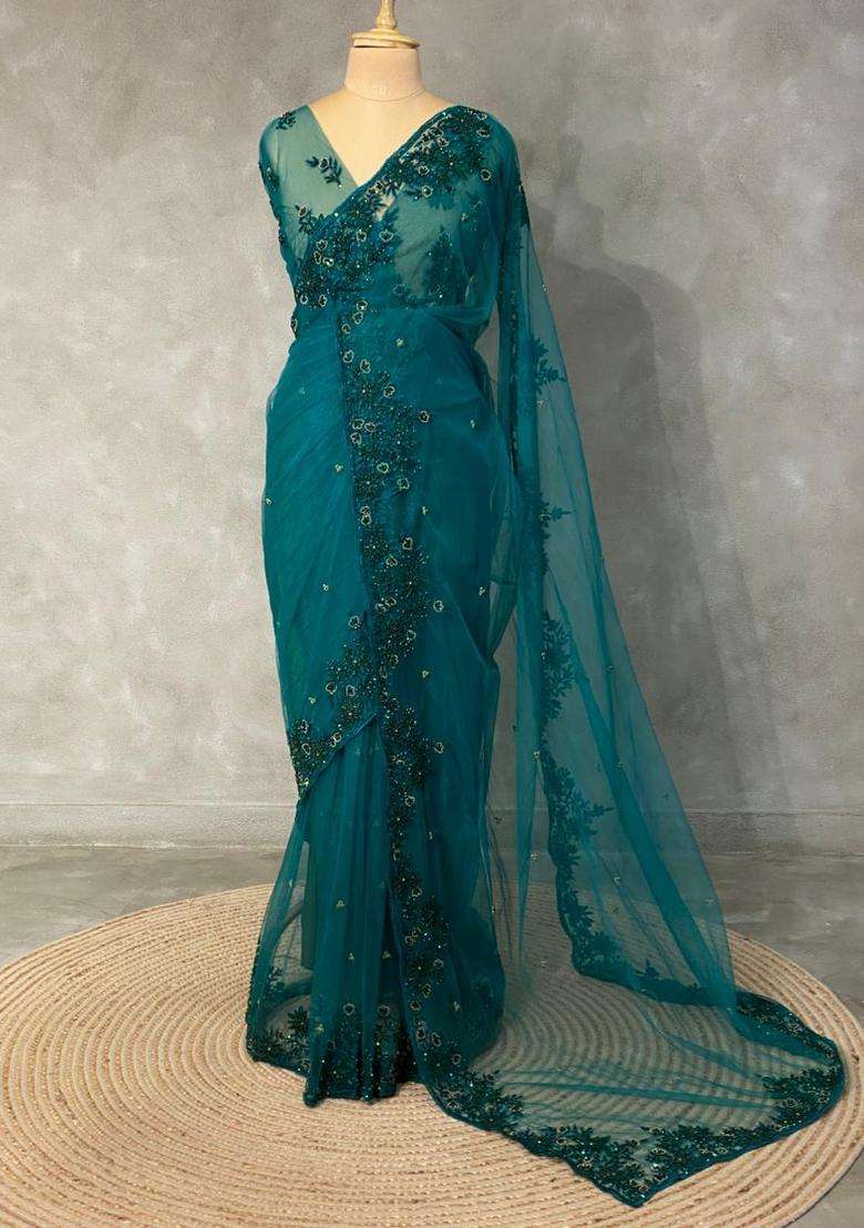 Peacock Green Net Designer Saree With Traditional Woven Design For Women - Indya