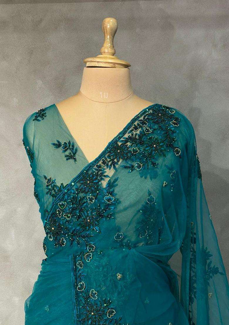 Peacock Green Net Designer Saree With Traditional Woven Design For Women - Indya