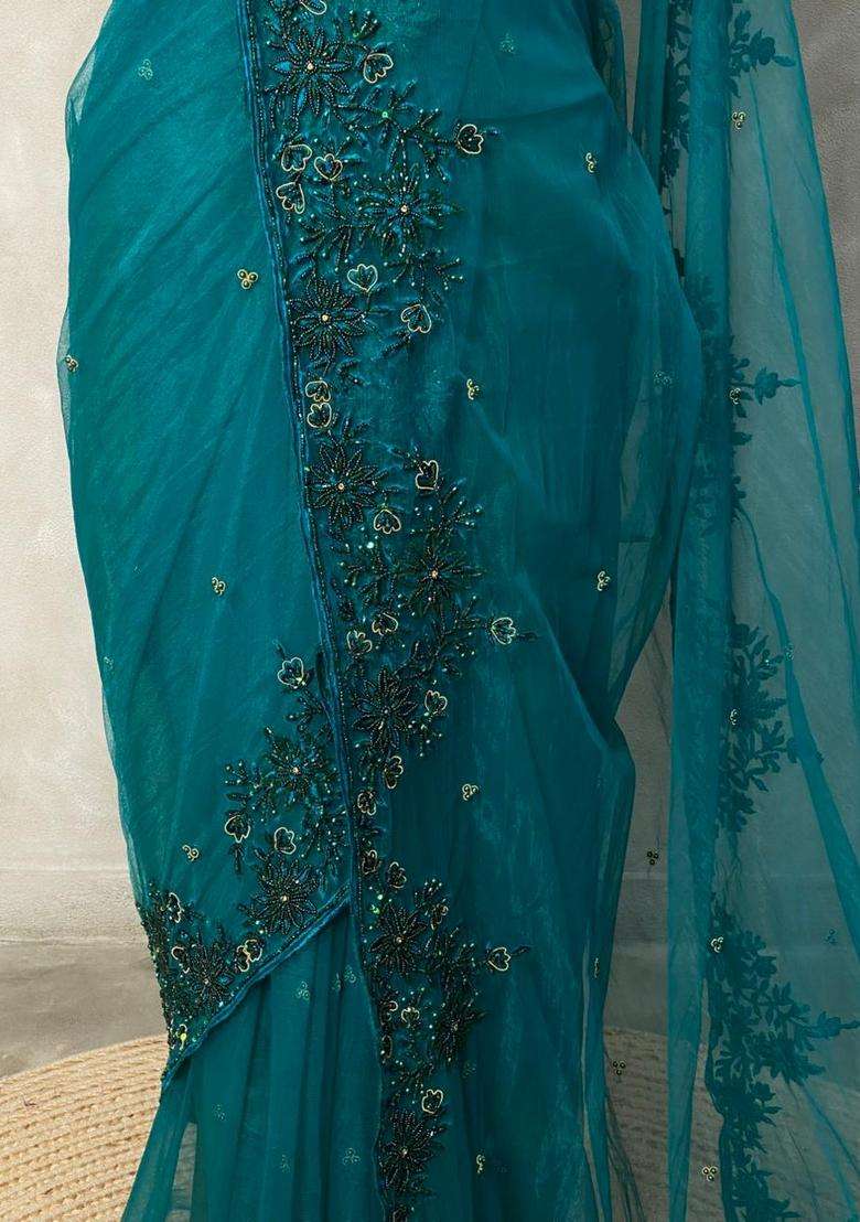 Peacock Green Net Designer Saree With Traditional Woven Design For Women - Indya