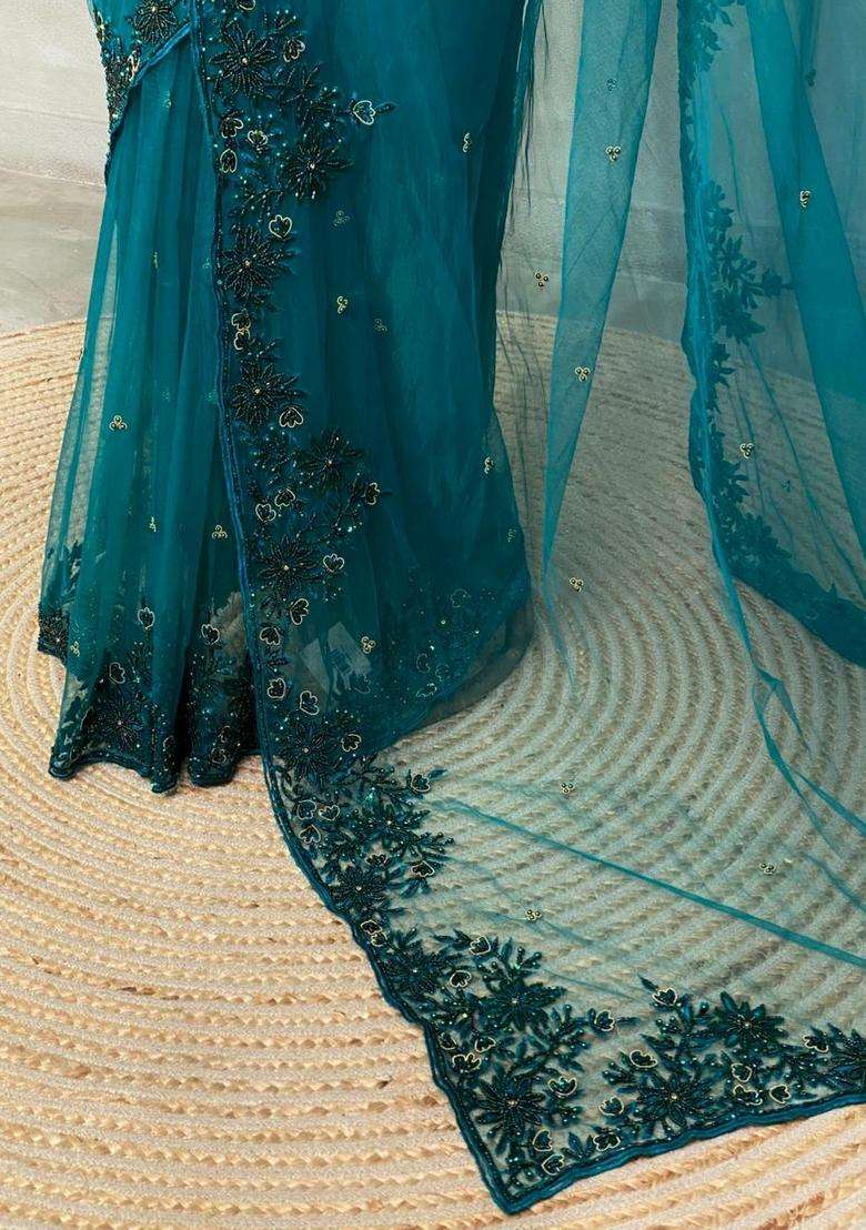 Peacock Green Net Designer Saree With Traditional Woven Design For Women - Indya