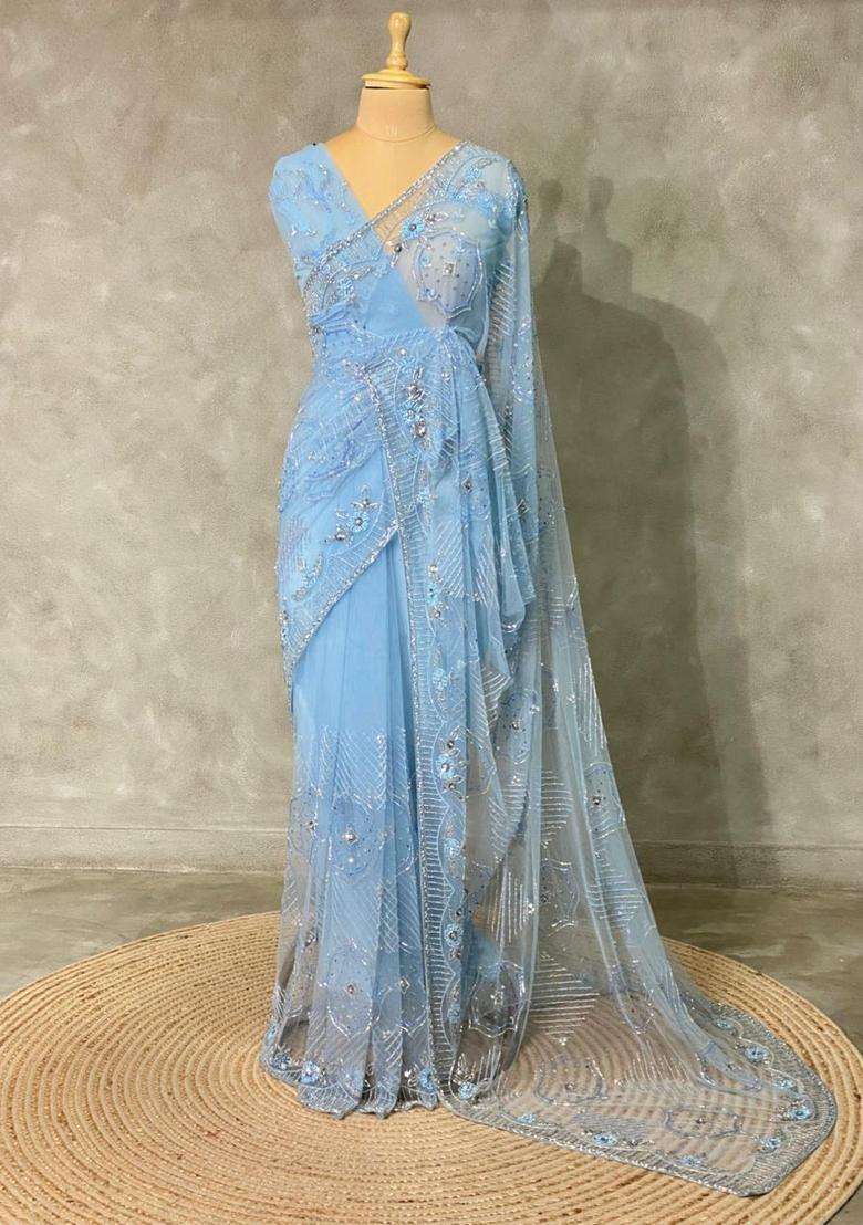 Pastal Blue Net Bridal Designer Saree With Traditional Woven Design For Women - Indya