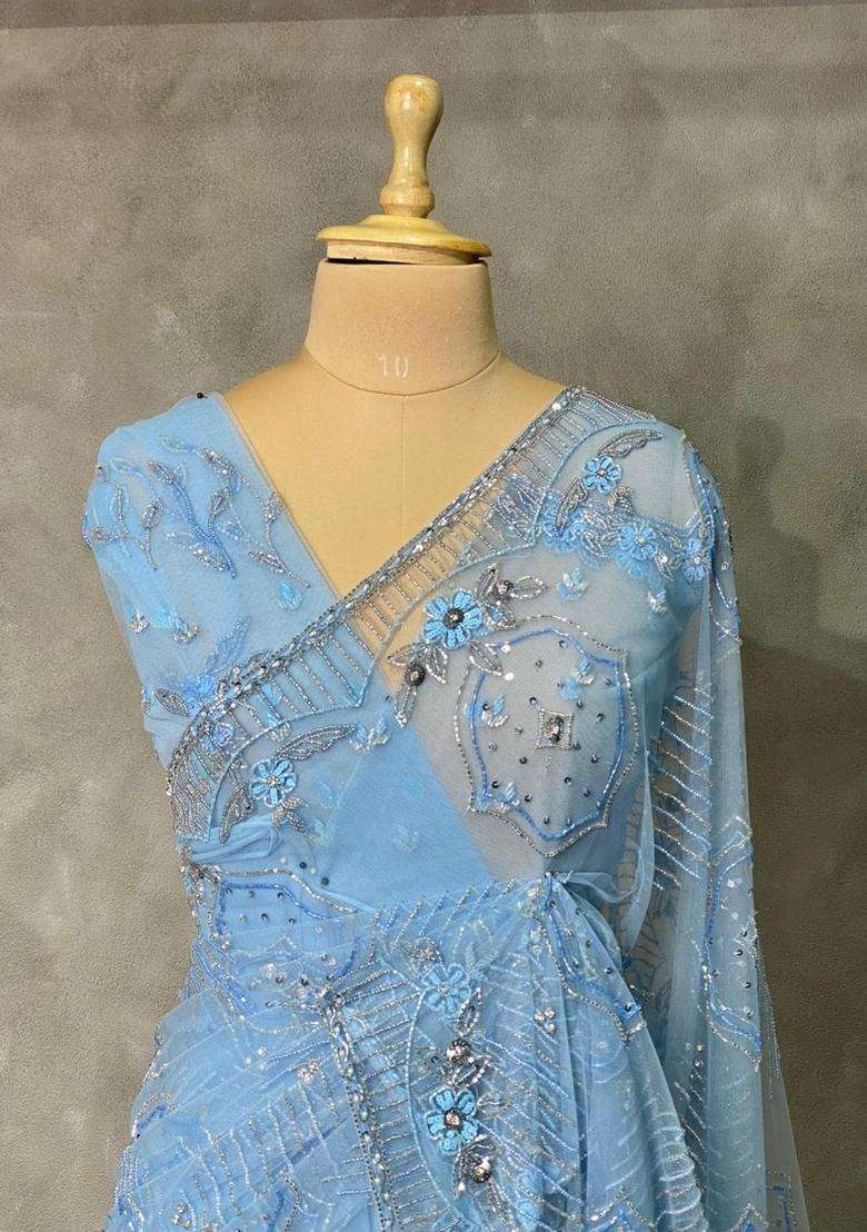 Pastal Blue Net Bridal Designer Saree With Traditional Woven Design For Women - Indya