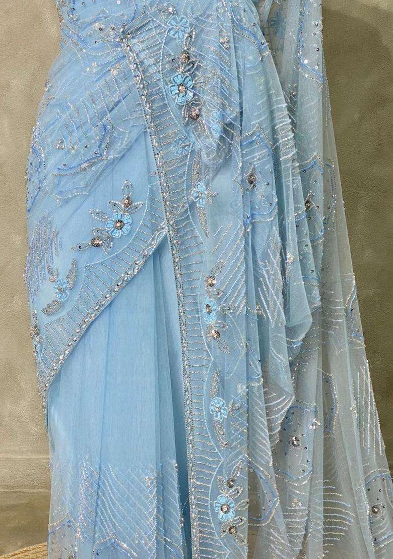 Pastal Blue Net Bridal Designer Saree With Traditional Woven Design For Women - Indya