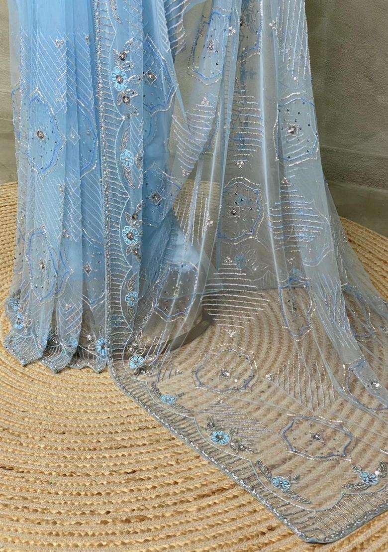Pastal Blue Net Bridal Designer Saree With Traditional Woven Design For Women - Indya