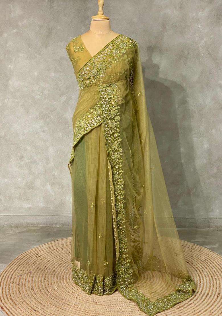 Olive Green Net Bridal Designer Saree With Traditional Woven Design For Women - Indya