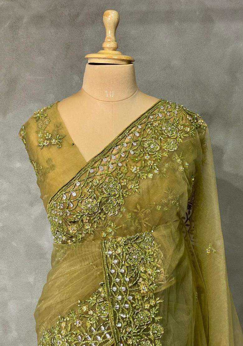 Olive Green Net Bridal Designer Saree With Traditional Woven Design For Women - Indya