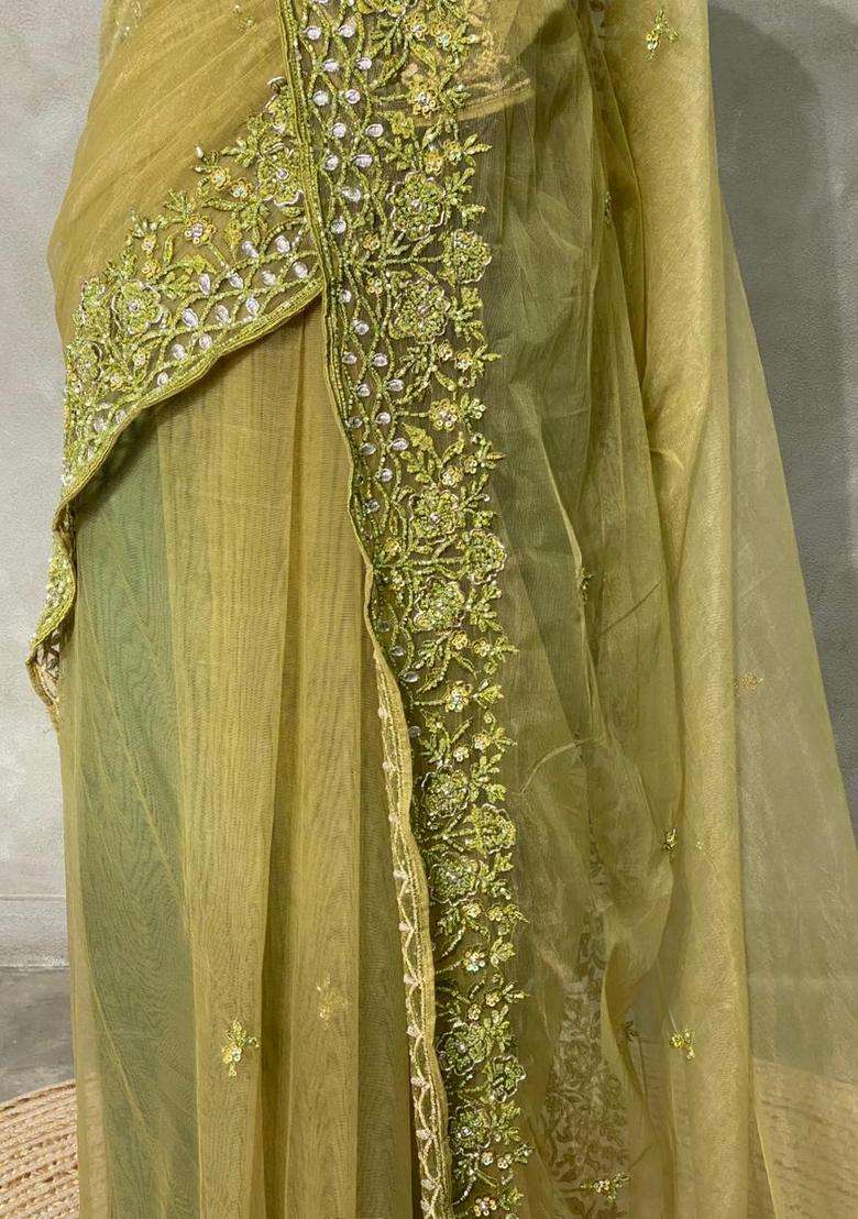 Olive Green Net Bridal Designer Saree With Traditional Woven Design For Women - Indya