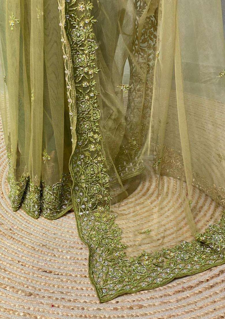Olive Green Net Bridal Designer Saree With Traditional Woven Design For Women - Indya