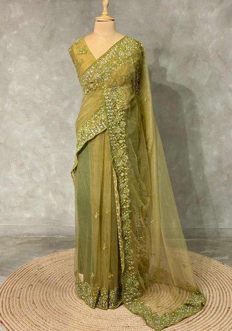 Olive Green Net Bridal Designer Saree With Traditional Woven Design For Women