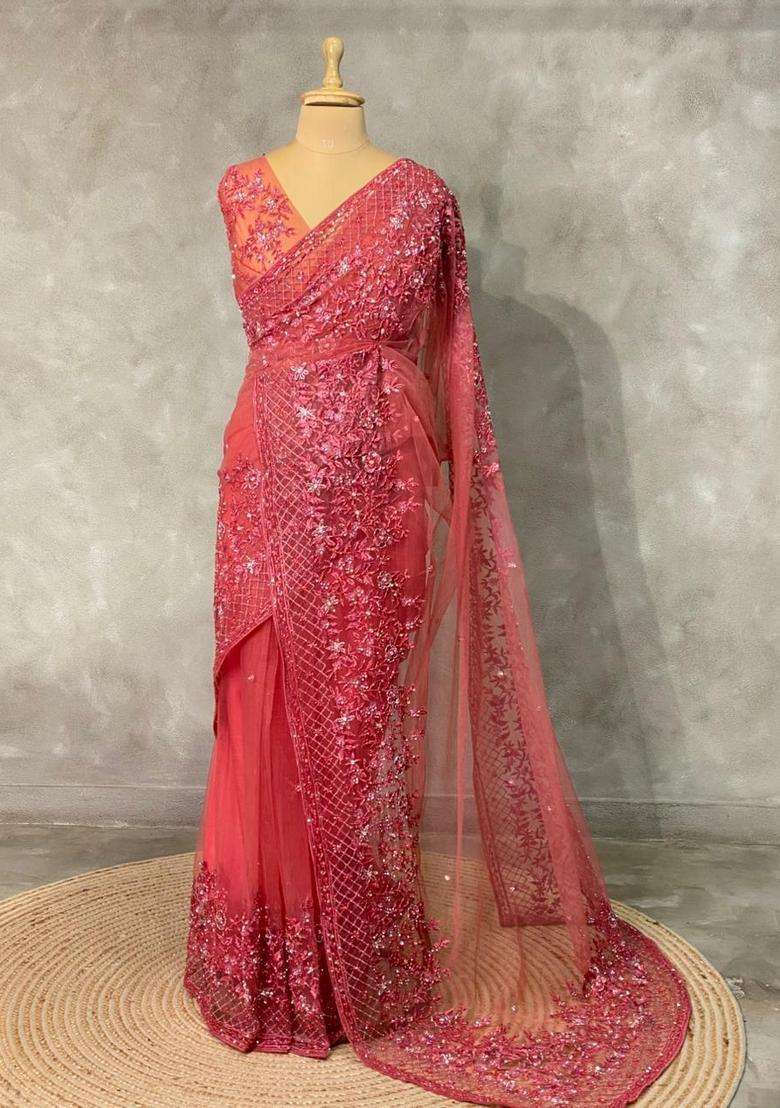 Peach Net Bridal Designer Saree With Traditional Woven Design For Women - Indya