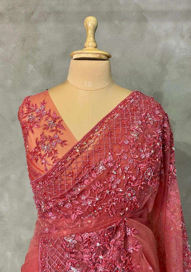 Peach Net Bridal Designer Saree With Traditional Woven Design For Women - Indya