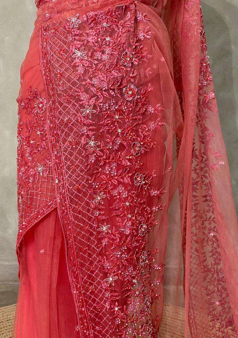 Peach Net Bridal Designer Saree With Traditional Woven Design For Women - Indya