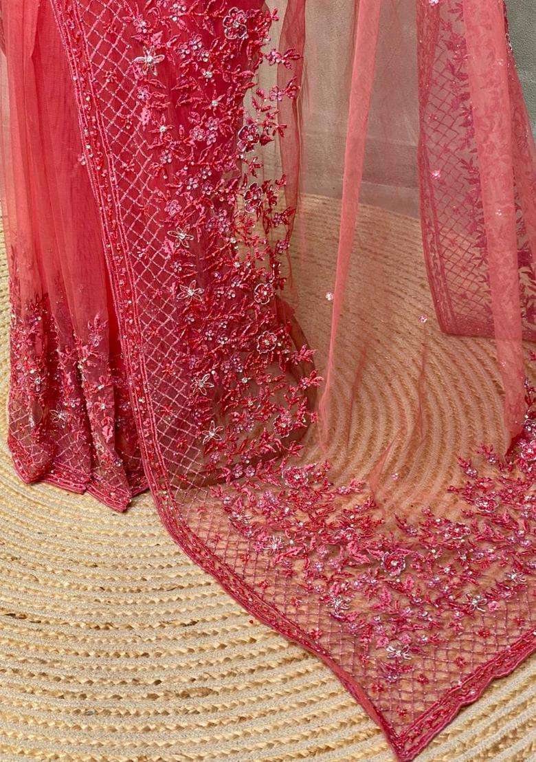 Peach Net Bridal Designer Saree With Traditional Woven Design For Women - Indya