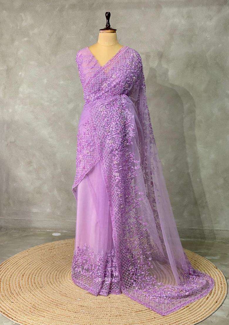 Lavender Net Bridal Designer Saree With Traditional Woven Design For Women - Indya