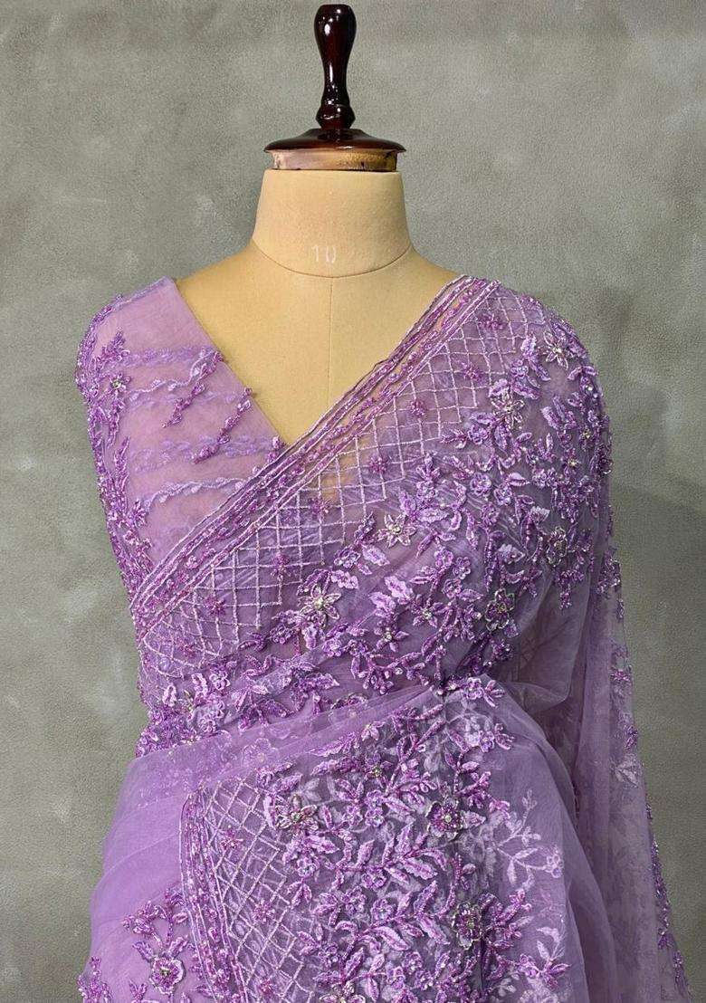 Lavender Net Bridal Designer Saree With Traditional Woven Design For Women - Indya