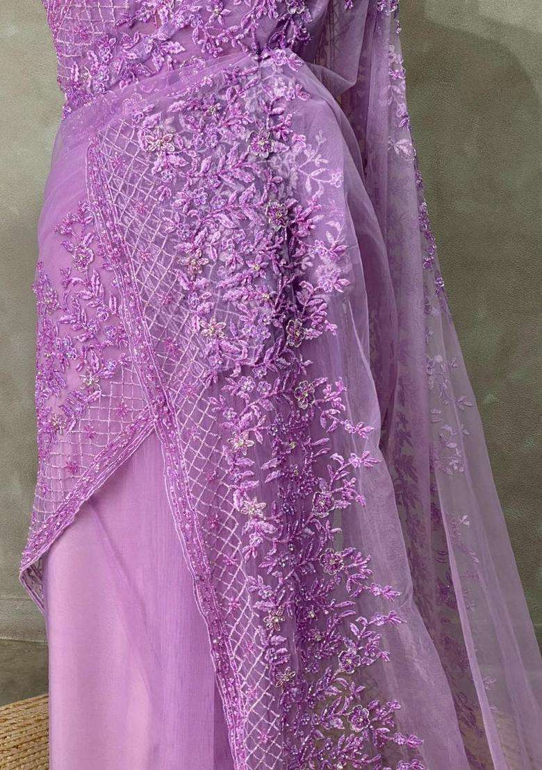 Lavender Net Bridal Designer Saree With Traditional Woven Design For Women - Indya