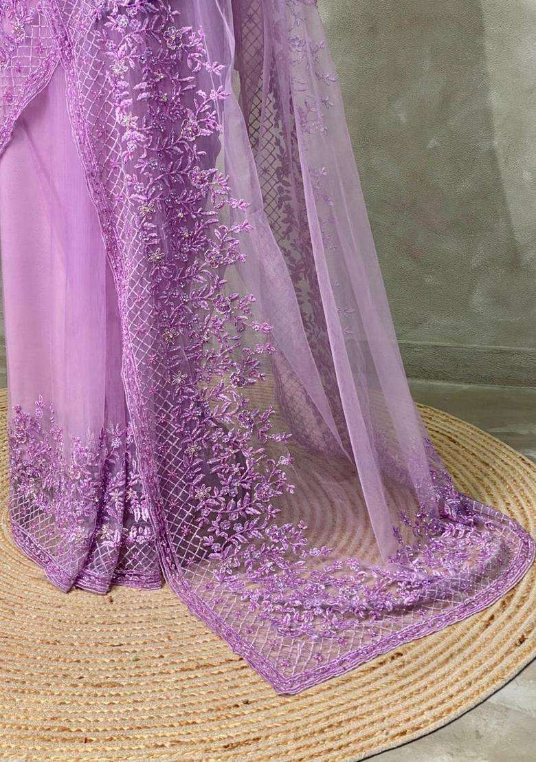 Lavender Net Bridal Designer Saree With Traditional Woven Design For Women - Indya