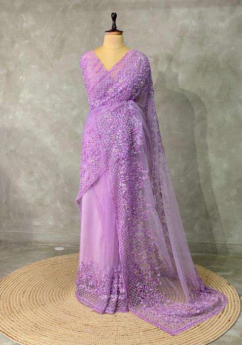 Lavender Net Bridal Designer Saree With Traditional Woven Design For Women