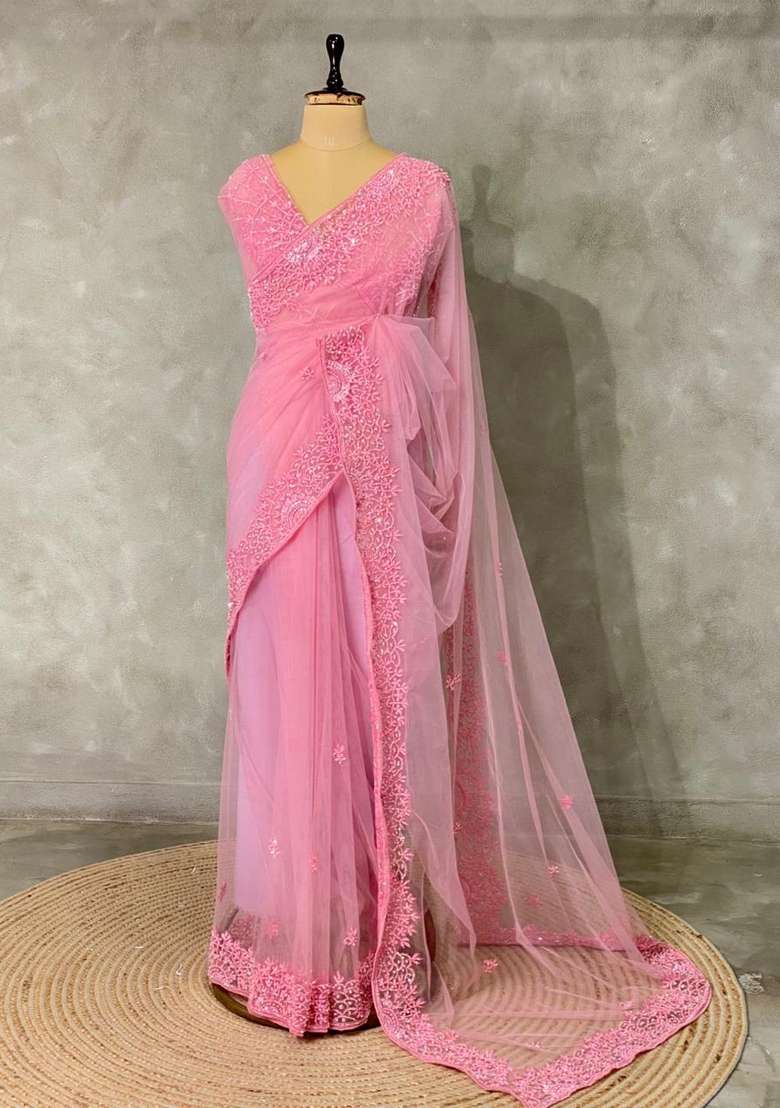 Pink Net Bridal Designer Saree With Traditional Woven Design For Women - Indya