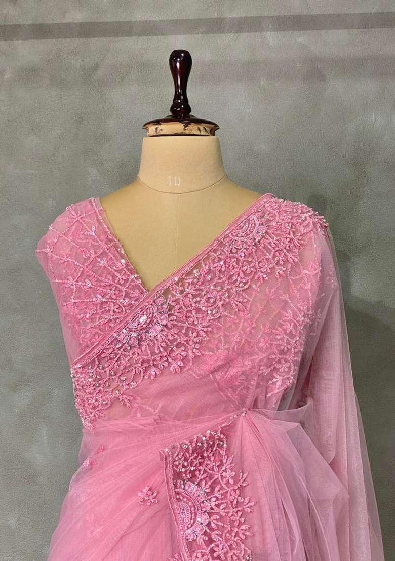 Pink Net Bridal Designer Saree With Traditional Woven Design For Women - Indya