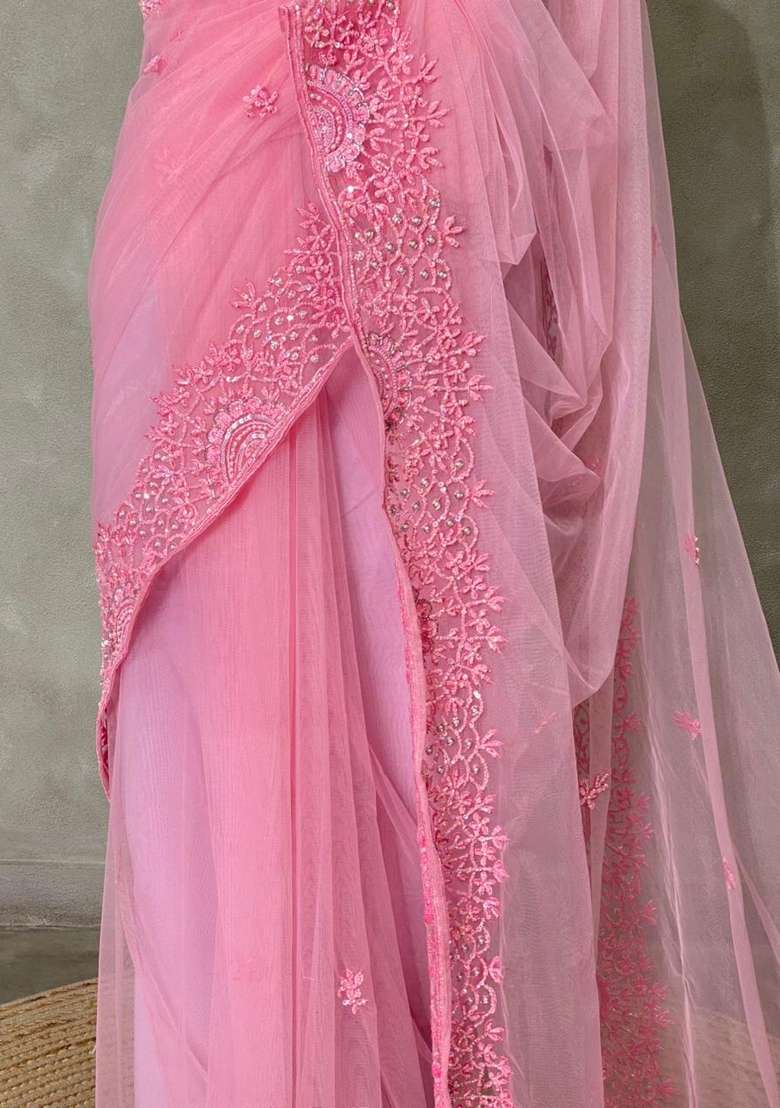 Pink Net Bridal Designer Saree With Traditional Woven Design For Women - Indya
