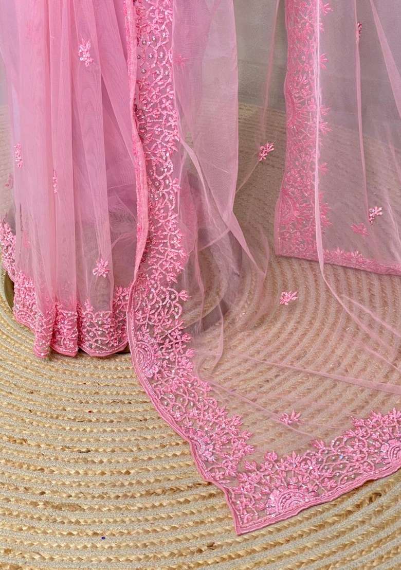 Pink Net Bridal Designer Saree With Traditional Woven Design For Women - Indya
