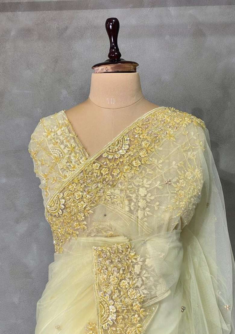 Pastal Yellow Net Bridal Designer Saree With Traditional Woven Design For Women - Indya