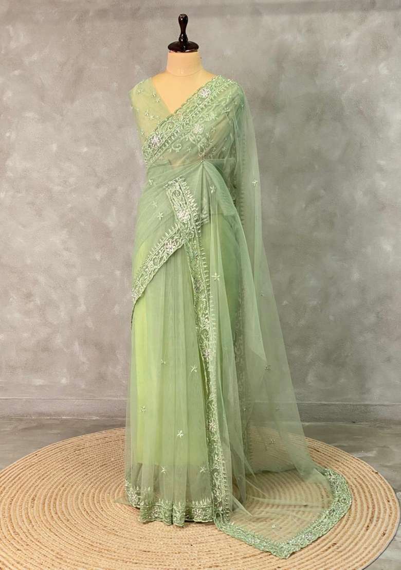 Pastal Green Net Bridal Designer Saree With Traditional Woven Design For Women - Indya