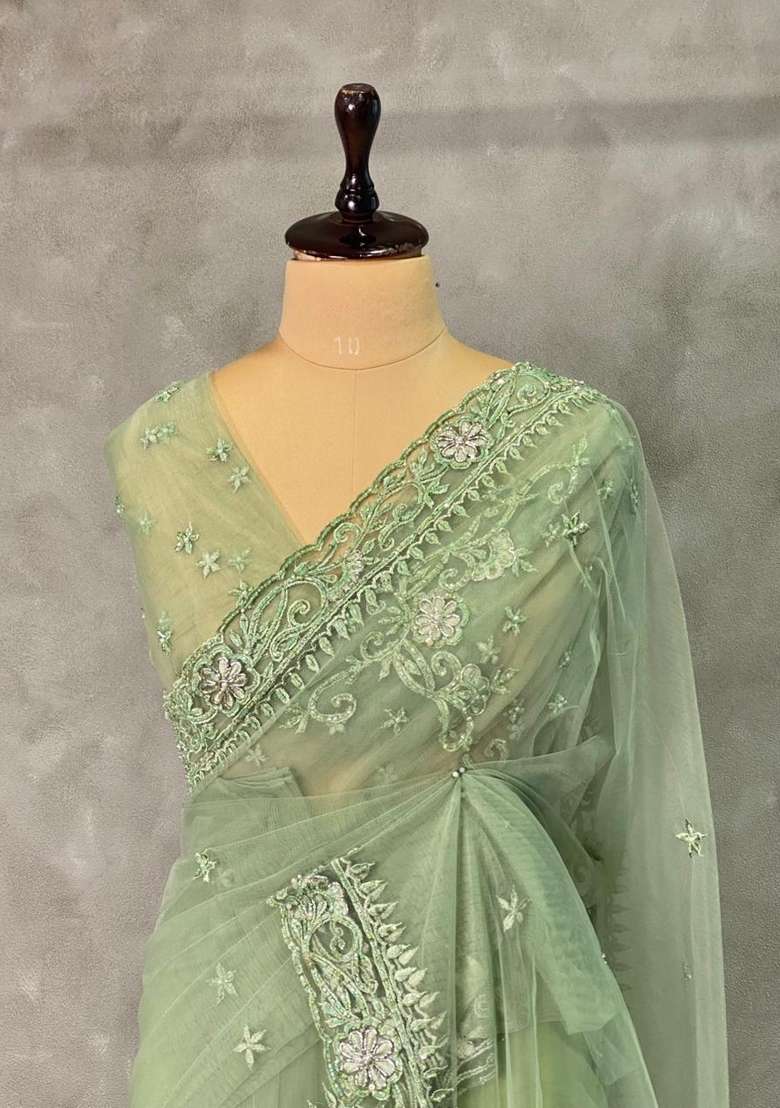 Pastal Green Net Bridal Designer Saree With Traditional Woven Design For Women - Indya