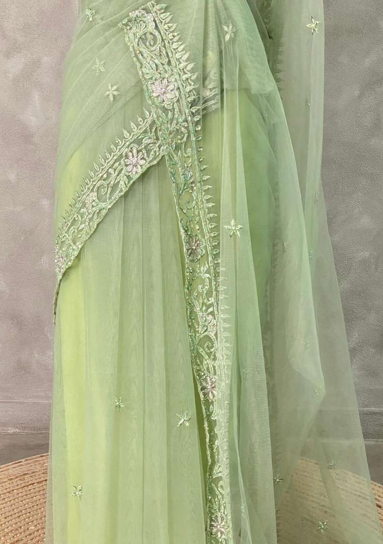 Pastal Green Net Bridal Designer Saree With Traditional Woven Design For Women - Indya
